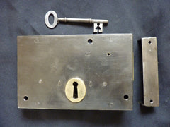 7" x 4 1/2" Victorian Cast Iron Door Rim Dead Lock, Key & Keep